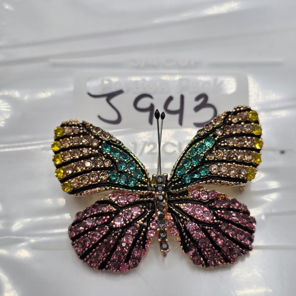 Multicolor Rhinestone Butterfly Brooch Gold Tone Crystal Insect Pin 2 Inch - Picture 8 of 8